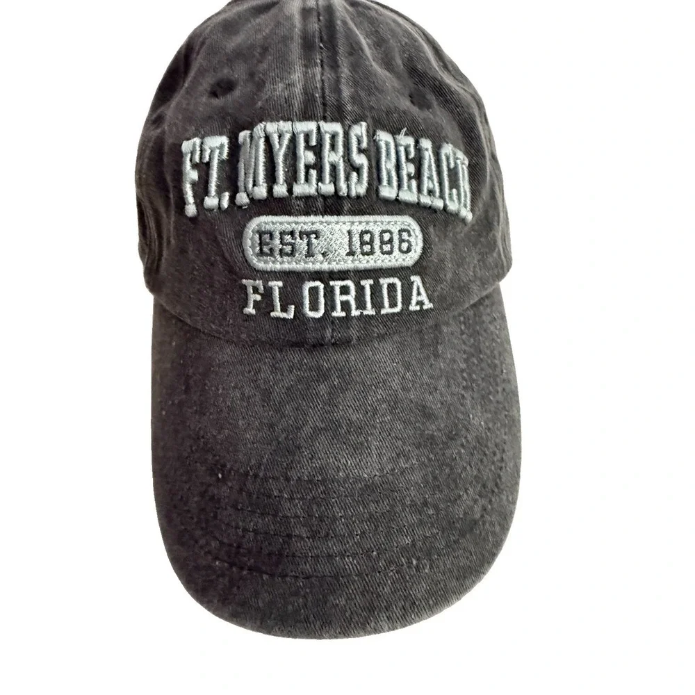 Ft. Myers Beach Florida Baseball Cap Distressed Gray With Lt Blue Embroidery